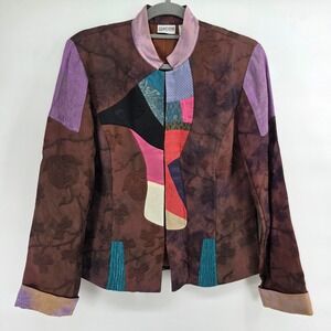 Chicos 0 Patchwork Jacket silk blend Brown Floral Embroidered Artsy Open Front